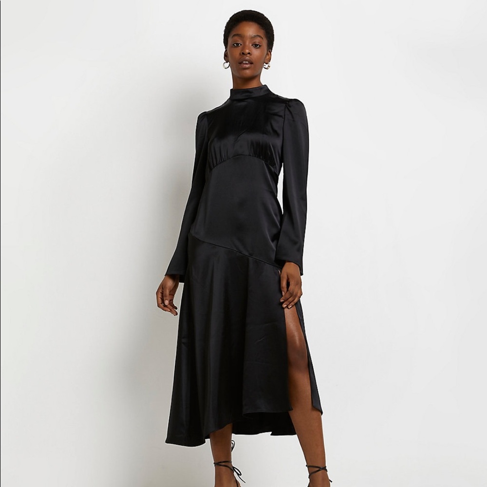 Black Satin High Neck Midi Dress